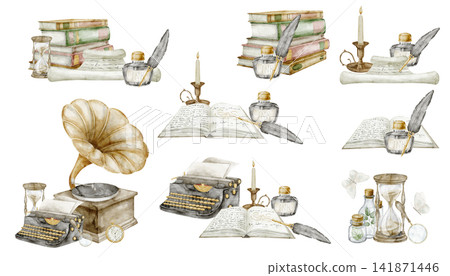 Vintage objects watercolor set. Collection of antique decorative items isolated on background. Clipart with gramophone, stack of books, glass hours for journals, stationery and nostalgic projects. Vintage objects watercolor set. Collection of antique decorative items isolated on background. Clipart with gramophone, stack of books, glass hours for journals, stationery and nostalgic projects. 141871446