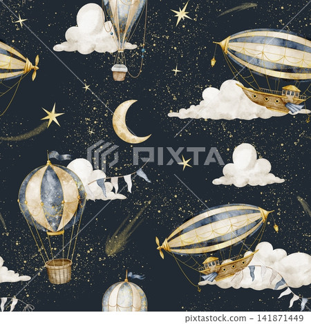 Airship seamless watercolor pattern with balloons isolated on background. Vintage celestial repeat for fabric, wallpaper, wrapping paper and nursery textiles. Airship seamless watercolor pattern with balloons isolated on background. Vintage celestial repeat for fabric, wallpaper, wrapping paper and nursery textiles. 141871449