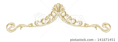 Watercolor wrought iron ornamental divider on isolated background. Illustration of elegant decorative flourish. Antique vintage golden metalwork for invitations, certificates, frames, branding. Watercolor wrought iron ornamental divider on isolated background. Illustration of elegant decorative flourish. Antique vintage golden metalwork for invitations, certificates, frames, branding. 141871451