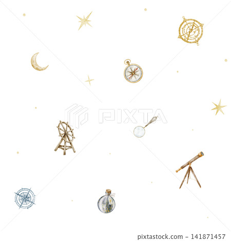 Explorer seamless watercolor pattern with celestial exploration objects isolated on background. Minimal repeat with telescope and compass for fabric, wallpaper, nursery textiles and wrapping paper. Explorer seamless watercolor pattern with celestial exploration objects isolated on background. Minimal repeat with telescope and compass for fabric, wallpaper, nursery textiles and wrapping paper. 141871457