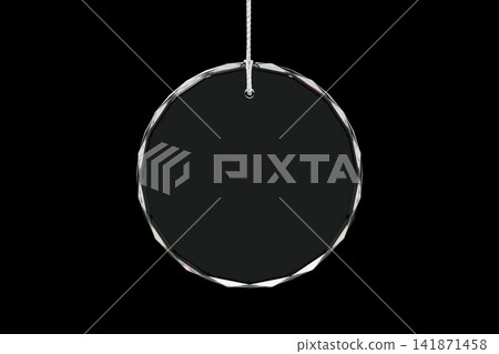 Round Crystal Glass Ornament Hanging on Silver Thread Against Black Background. 3d rendering Round Crystal Glass Ornament Hanging on Silver Thread Against Black Background. 3d rendering 141871458