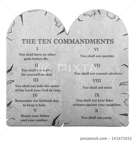 Ten Commandments stone tablets with biblical law. 3D rendering Ten Commandments stone tablets with biblical law. 3D rendering 141871652