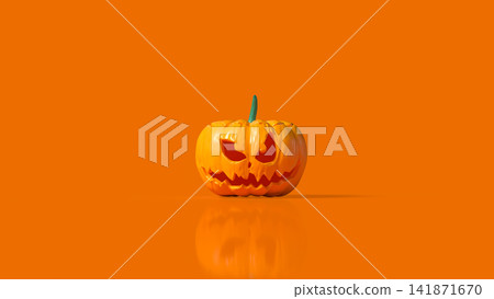 Scary Halloween Jack O Lantern on Bright Orange Background 3d render. 141871670