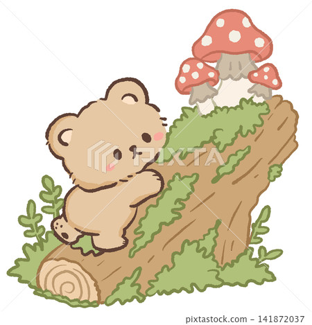 Cute Kawaii Bear Climbing a Mossy Fallen Log with Red Mushrooms Cozy Woodland Forest Illustration Cute Kawaii Bear Climbing a Mossy Fallen Log with Red Mushrooms Cozy Woodland Forest Illustration 141872037