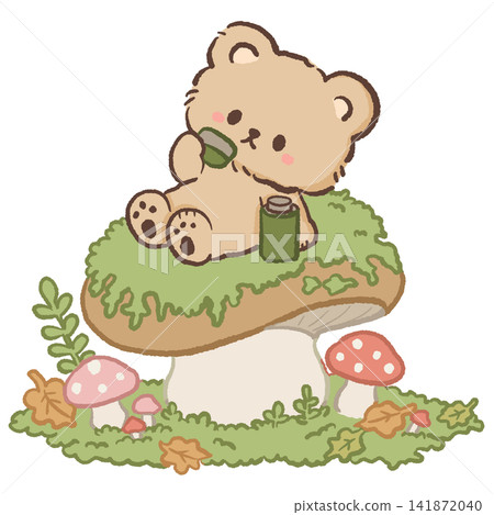 Cute Kawaii Bear Sitting on a Giant Mushroom Drinking from a Tiny Green Cup Woodland Cottagecore Illustration 141872040