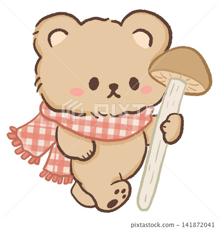 Cute Kawaii Bear Wearing a Gingham Scarf Holding a Giant Mushroom Cozy Cottagecore Woodland Illustration Cute Kawaii Bear Wearing a Gingham Scarf Holding a Giant Mushroom Cozy Cottagecore Woodland Illustration 141872041