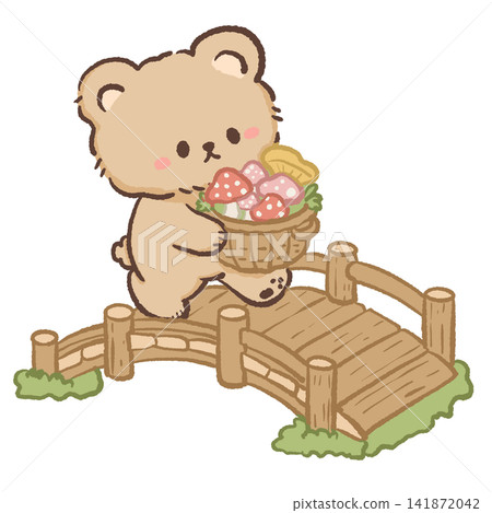 Cute Kawaii Bear Walking Across a Wooden Bridge Carrying a Basket of Colorful Mushrooms Woodland Foraging Illustration Cute Kawaii Bear Walking Across a Wooden Bridge Carrying a Basket of Colorful Mushrooms Woodland Foraging Illustration 141872042