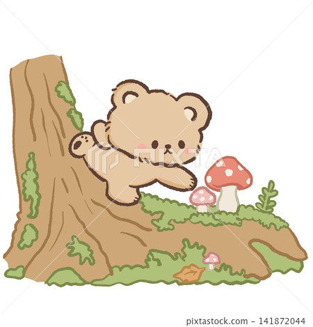 Cute Kawaii Bear Climbing on a Mossy Tree Log with Red Mushrooms Cozy Woodland Autumn Illustration Cute Kawaii Bear Climbing on a Mossy Tree Log with Red Mushrooms Cozy Woodland Autumn Illustration 141872044