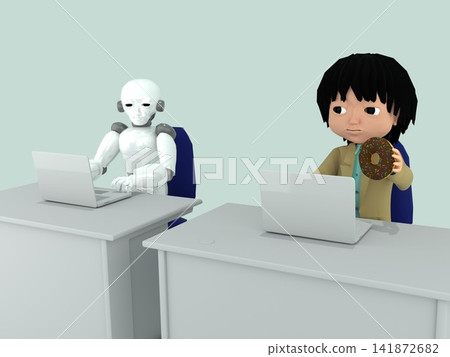 人機共存 - 辦公室場景 - 商務人士和人工智慧機器人並排坐在辦公室的辦公桌前,使用電腦工作。 人機共存 - 辦公室場景 - 商務人士和人工智慧機器人並排坐在辦公室的辦公桌前,使用電腦工作。 141872682