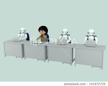 人機共存 - 辦公室場景 - 商務人士和許多人工智慧機器人並排坐在辦公室的辦公桌前使用電腦。 人機共存 - 辦公室場景 - 商務人士和許多人工智慧機器人並排坐在辦公室的辦公桌前使用電腦。 141872720