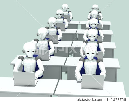 Human-AI coexistence - Office scene - Businessmen and many AI robots sit side-by-side at desks in an office, using PCs. Human-AI coexistence - Office scene - Businessmen and many AI robots sit side-by-side at desks in an office, using PCs. 141872736