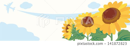 夏季橫幅框架背景向日葵太陽天空飛機藍天風景橫向模板素材 141872823