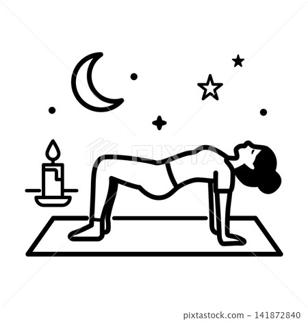 Minimalist icon depicting a person practicing a gentle yoga pose under the moon and stars for nighttime relaxation. 141872840