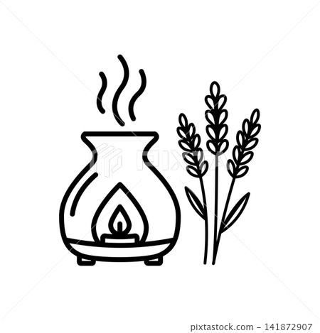 Minimalist icon depicting an oil diffuser with steam and herbs for calm essential oils and sleep aromatherapy. Minimalist icon depicting an oil diffuser with steam and herbs for calm essential oils and sleep aromatherapy. 141872907
