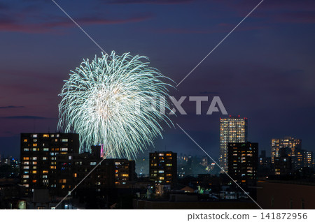 岡崎煙火大會在夜空中綻放,從空中俯瞰高聳的公寓大樓。 岡崎煙火大會在夜空中綻放,從空中俯瞰高聳的公寓大樓。 141872956