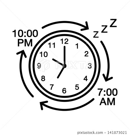 Black and white minimal line art icon depicting a clock and routine arrows for consistent sleep schedule and healthy bedtime habits. Black and white minimal line art icon depicting a clock and routine arrows for consistent sleep schedule and healthy bedtime habits. 141873021
