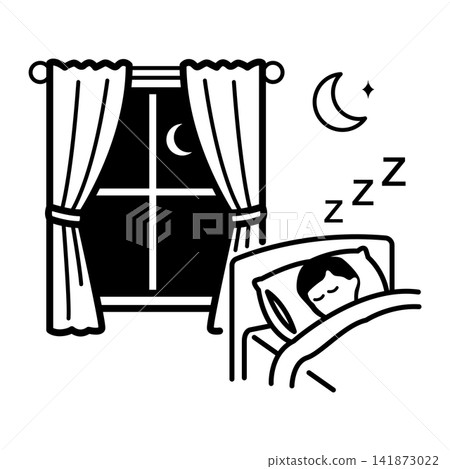 Minimalist line art icon of a dark bedroom with curtains and night sky, representing optimal dark sleeping environment conditions. Minimalist line art icon of a dark bedroom with curtains and night sky, representing optimal dark sleeping environment conditions. 141873022