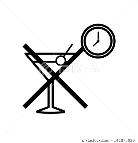 Minimal line art icon of a crossed-out cocktail glass and clock, representing limited alcohol consumption for healthy sleep. Minimal line art icon of a crossed-out cocktail glass and clock, representing limited alcohol consumption for healthy sleep. 141873029