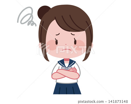 一幅插圖,描繪了一位身穿水手服的女學生,雙臂交叉在胸前,陷入沉思。 一幅插圖,描繪了一位身穿水手服的女學生,雙臂交叉在胸前,陷入沉思。 141873148