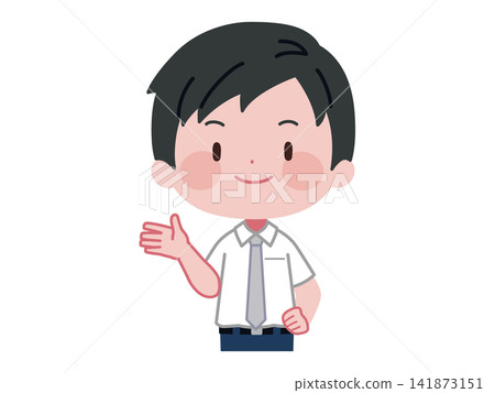 An illustration of a man in a dress shirt extending one hand to guide someone. An illustration of a man in a dress shirt extending one hand to guide someone. 141873151