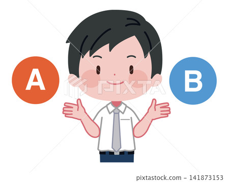 An illustration of a man in a dress shirt presenting two options, A and B, for comparison. An illustration of a man in a dress shirt presenting two options, A and B, for comparison. 141873153