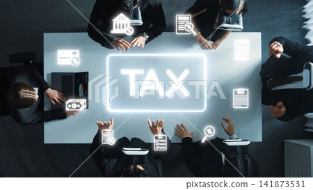 Business Meeting on Tax Planning with Digital Elements and Professional Participants Collaborating on Financial Strategies. Raster Business Meeting on Tax Planning with Digital Elements and Professional Participants Collaborating on Financial Strategies. Raster 141873531