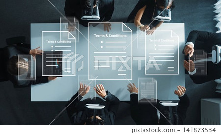 Diverse Business Team Collaborating with Virtual Reality Technology for Reviewing Terms and Conditions Documents in Modern Office Environment Gluon 141873534
