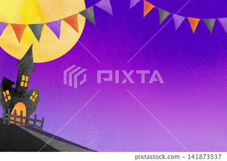 Watercolor illustration of a full moon and garland, castle, hill, and purple background for Halloween. Watercolor illustration of a full moon and garland, castle, hill, and purple background for Halloween. 141873537