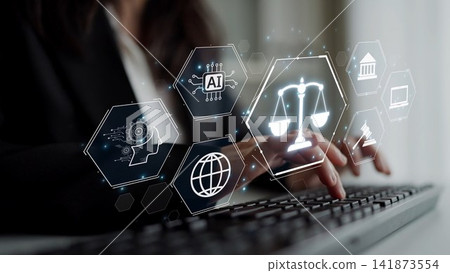 Digital law interface displaying justice scale, highlighting digital law Muxer Digital law interface displaying justice scale, highlighting digital law Muxer 141873554