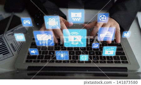 Multimedia technology icons with video, music, image and streaming concept Funnel Multimedia technology icons with video, music, image and streaming concept Funnel 141873580