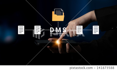Digital Document Management System Concept with a Phone Interaction and Visual Representation of Data Flow. Glyphic Digital Document Management System Concept with a Phone Interaction and Visual Representation of Data Flow. Glyphic 141873588