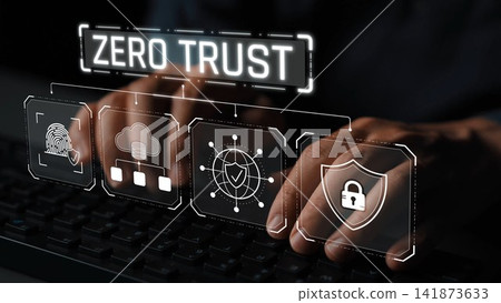Digital representation of Zero Trust cybersecurity principles featuring authentication, cloud security, and data protection, emphasizing the importance of security in technology environments. Sigmoid 141873633
