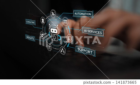 Futuristic Digital Interface Displaying AI Services, Automation, Support, and Consulting with Hands Typing on a Keyboard. Entropy Futuristic Digital Interface Displaying AI Services, Automation, Support, and Consulting with Hands Typing on a Keyboard. Entropy 141873665