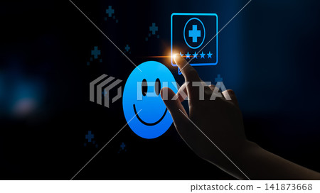 Hand Touching Digital Smiley Face with Rating and Plus Sign in a Dark Background in a Concept of Feedback and User Interaction Cyphers. 141873668