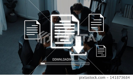 Team Collaboration During Document Downloading Process in Modern Office Environment with Digital Interface Elements and Professional Attire. Raster Team Collaboration During Document Downloading Process in Modern Office Environment with Digital Interface Elements and Professional Attire. Raster 141873684