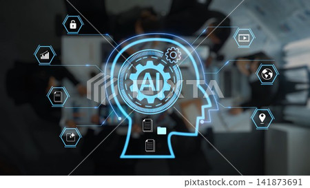 Futuristic Concept of Artificial Intelligence with Brain and Technology Elements in Office Environment, Focus on Data and Innovation in Business Landscape Gluon Futuristic Concept of Artificial Intelligence with Brain and Technology Elements in Office Environment, Focus on Data and Innovation in Business Landscape Gluon 141873691