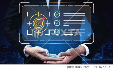 Businessman Holding Target Icon with Check Marks Displaying Goal Achievement and Progress in a Modern Digital Interface with City Background Gluon 141873693