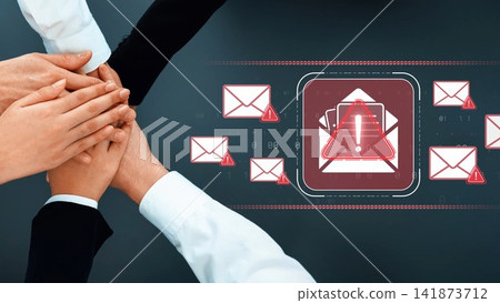 Visual representation of teamwork with hands joined together above digital email alerts, indicating urgency in communication strategies and collaboration in a professional setting. Sigmoid Visual representation of teamwork with hands joined together above digital email alerts, indicating urgency in communication strategies and collaboration in a professional setting. Sigmoid 141873712