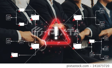 A visual representation of corporate teamwork emphasizing potential risks in digital communication, featuring a warning symbol amidst professional settings and discussions. Sigmoid A visual representation of corporate teamwork emphasizing potential risks in digital communication, featuring a warning symbol amidst professional settings and discussions. Sigmoid 141873720