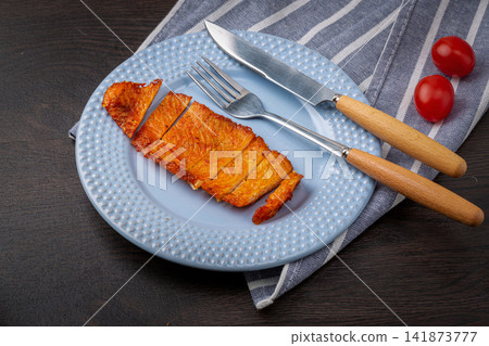pan Seared Chicken Cutlet Grilled Seasoned Chicken Breast Sliced Crispy Poultry Steak pan Seared Chicken Cutlet Grilled Seasoned Chicken Breast Sliced Crispy Poultry Steak 141873777