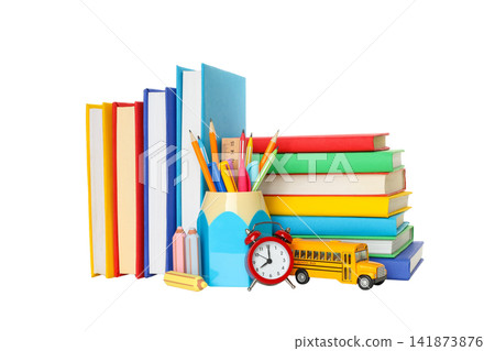 Books and supplies arranged in bright colors, isolated on white, PNG Books and supplies arranged in bright colors, isolated on white, PNG 141873876