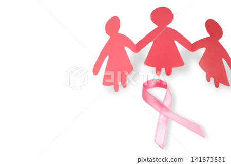Three cutouts of women with a pink ribbon, isolated, PNG Three cutouts of women with a pink ribbon, isolated, PNG 141873881