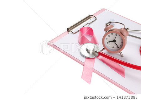 Breast cancer ribbon with stethoscope and clock, isolated, PNG 141873885