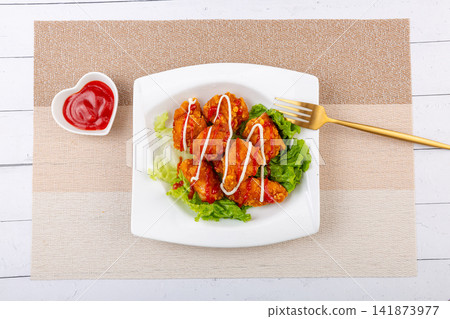 korean Style Fried Chicken Sweet Mustard Drizzle Glazed Crunchy Deep Fried Poultry Nuggets korean Style Fried Chicken Sweet Mustard Drizzle Glazed Crunchy Deep Fried Poultry Nuggets 141873977