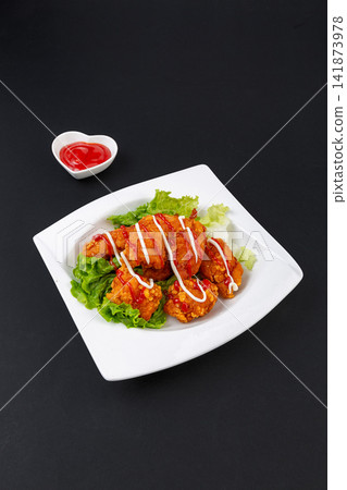 korean Style Fried Chicken Sweet Mustard Drizzle Glazed Crunchy Deep Fried Poultry Nuggets korean Style Fried Chicken Sweet Mustard Drizzle Glazed Crunchy Deep Fried Poultry Nuggets 141873978