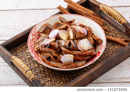 traditional Soy Braised Chicken Gizzards Marinated Poultry Offal Giblets Sliced Shallot Garnish traditional Soy Braised Chicken Gizzards Marinated Poultry Offal Giblets Sliced Shallot Garnish 141873989