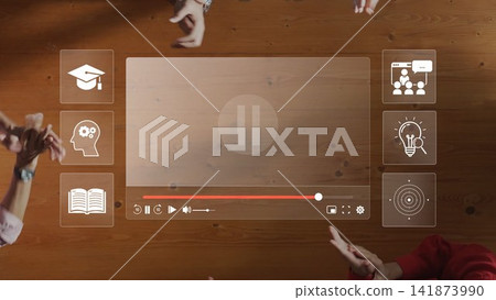 Interactive Learning Concept with Hands Engaging Over a Digital Media Player on a Wooden Table, Featuring Education and Collaboration Icons. Raster Interactive Learning Concept with Hands Engaging Over a Digital Media Player on a Wooden Table, Featuring Education and Collaboration Icons. Raster 141873990