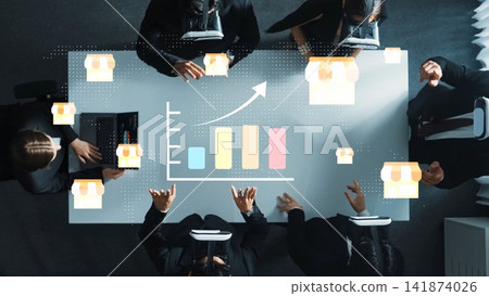 Modern Business Meeting with Virtual Reality Technology Enhancing Data Analytics and Team Collaboration in Office Environment Gluon 141874026