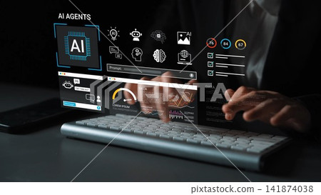 Hands typing on keyboard with virtual AI interfaces, charts, data analytics, and futuristic design elements for technology and innovation themes Gluon Hands typing on keyboard with virtual AI interfaces, charts, data analytics, and futuristic design elements for technology and innovation themes Gluon 141874038