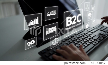 B2C Business Model with Consumer Delivery, Retail, and Growth Icons Muxer 141874057